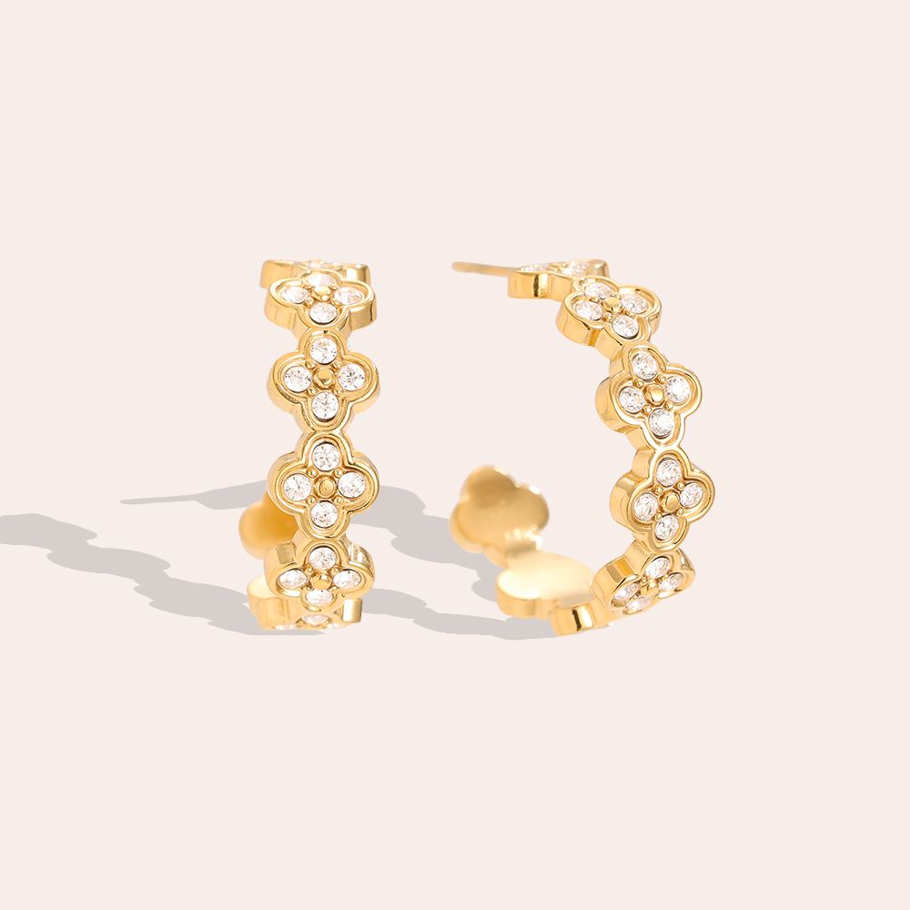 Diamond Lucky Flower Hoop Edelstahl Ohrringe